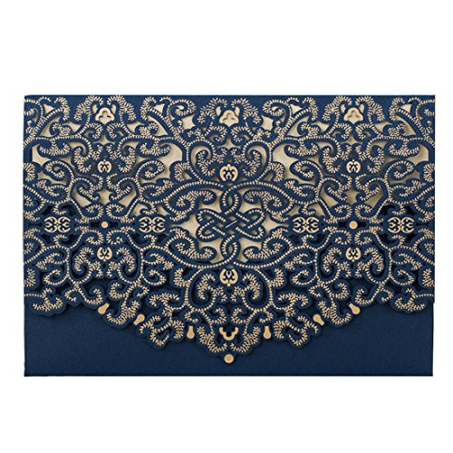 Hosmsua 50pcs Navy Blue Wedding Invitations Cards Laser Cut Flora Lace Invitation with envelopes for Bridal Shower, Engagement (Pack of 50pcs)