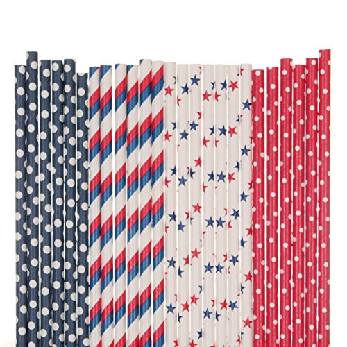 Biodegradable Paper Straws Mix, Patriotic, Red Navy Blue, Polka Dot Striped Star (25)
