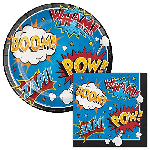 Superhero Comic Lunch Plates & Napkins Party Kit for 8