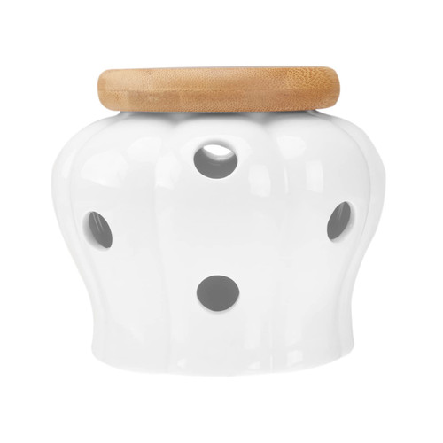 Onion Keeper Garlic Keeper Ceramic Garlic Keeper, White Canister Jar Round Garlic and Ginger Storage Container Food Storage Jars with Wood Lid and Air Vent Garlic Holder Garlic Keeper