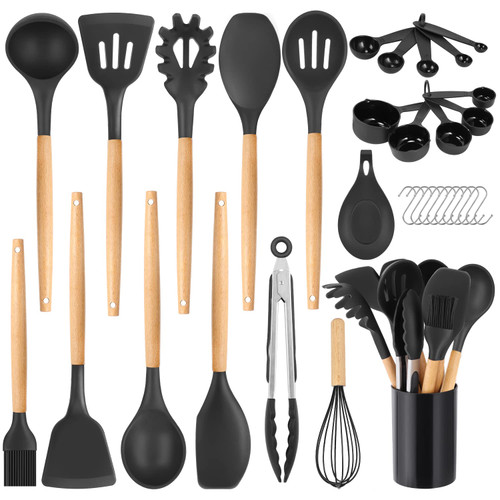 Silicone Kitchen Cooking Utensils Set - 33pcs Heat Resistant Kitchen Utensils Spatula Serving Spoons Set with Wooden Handle, Kitchen Essentials Gadgets w Holder for Nonstick Cookware Dishwasher Safe