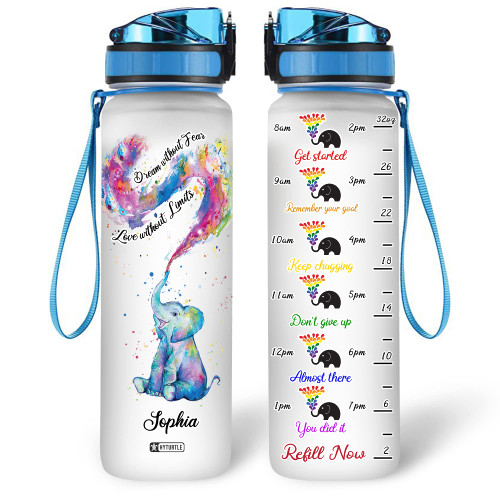 Hyturtle Personalized Dream Without Tear Love Without Limits Elephant LGBT 32Oz Liter Motivational Water Bottle, Customized Name With Time Marker Gift For Women Men LGBT Lovers On Birthday Pride Day