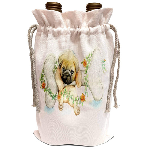 3dRose lens Art by Florene - Watercolor Art - Image of Adorable Small Pug With Large Bone - Wine Bag (wbg_321897_1)