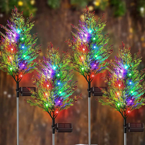 LIFKOME 2Pcs Solar Christmas Garden Stake Lights Solar Christmas Tree Lights Solar Xmas Decorative Multi-Color Changing LED Stake Lights Flickering Pine Lights forGarden Patio Lawn Pathway Decor
