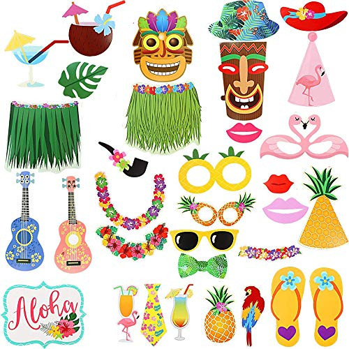 Photo booth props kit Luau party supplies -Aloha hawaiian Tropical Tiki Birthdays Summer Beach pool party favors decorations for kids