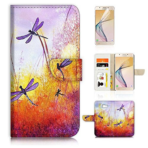 ( For Samsung Galaxy J7 Prime, SM-G610 ) Flip Wallet Case Cover & Screen Protector Bundle - A21092 Dragonfly