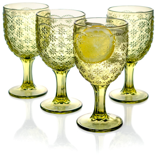 Red Co. Set of 4 Vintage 11 Fl Oz Flower Embossed Glass Stemmed Wine Goblets in Solid Green