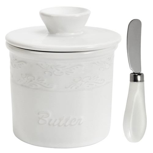 SGAOFIEE Porcelain Butter Crock, Butter Keeper Dish, French Ceramic Crock with Lid, Countertop French Ceramic Butter Dish Keeper for Spreadable Butter, White