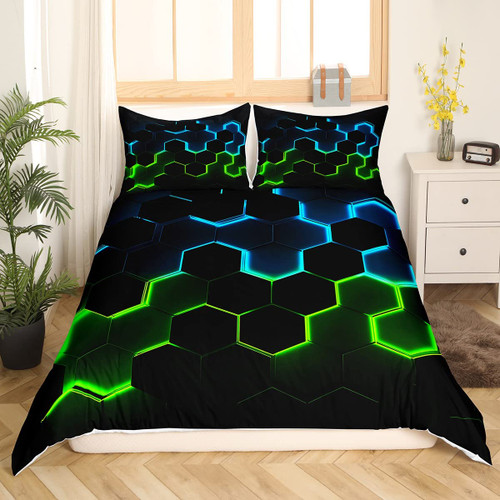 Honeycomb Bedding Duvet Cover Queen Size,Geometry Hexagon Theme with Green Blue Neon Lights Comforter Cover,Boys Teen Man Chic Creative Home Bedding Set 3pcs Quilt Cover with 2 Pillowcases,Black