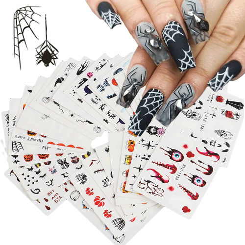 Halloween Nail Art Stickers Water Transfer Decals 24 Sheets Pumpkin Skull Spider Web Designs Nail Art Supplies Nail Art Sliders for Women Manicure Decor Halloween Party Nail Decorations