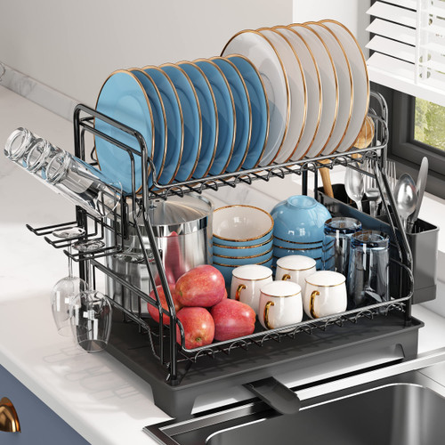 romision Dish Drying Rack for Kitchen Counter, Stainless Steel Large 2 Tier Dish Racks and Drainboard Set, Black Dish Drainer with Utensil Holder