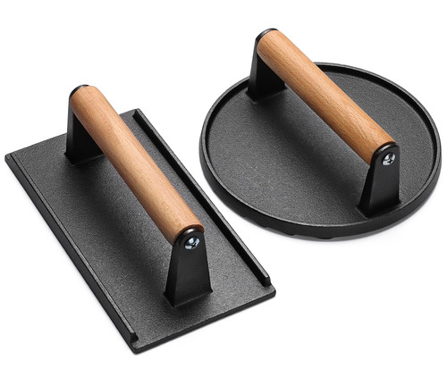 EWFEN Burger Press, 7" Round & 8.2"X4.3" Rectangle Heavy-Duty Cast Iron Smash Bacon Press Meat Steak with Wood Handle for Griddle, Sandwich, Nonstick Pan EWFEN Burger Press, 7" Round & 8.2"X4.3" Rectangle Heavy-Duty Cast Iron Smash Bacon Press Meat Steak with Wood Handle for Griddle, Sandwich, Nonstick Pan