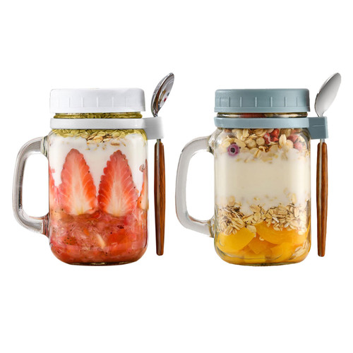 XJ-HOME Overnight Oats Container with lid and spoon, 2 pack of Mason jars for overnight oats, 16 oz overnight oats jar glass oats container for chia pudding yogurt salad cereal meal prep jars.