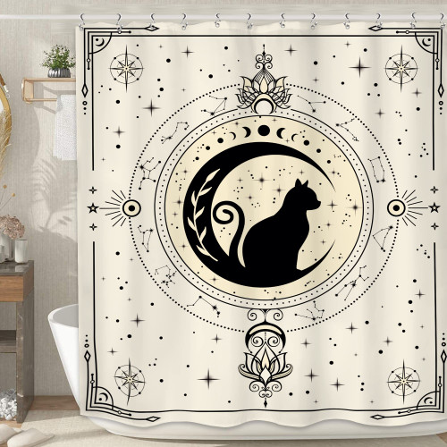 LIGHTINHOME Bohemian Black Cat Shower Curtain 60Wx72H Inches Boho Mystic Moon Phase Beige Stars Mysterious Witchy Celestial Bathroom Decor Fabric Waterproof Polyester Home Decor Set with Hooks