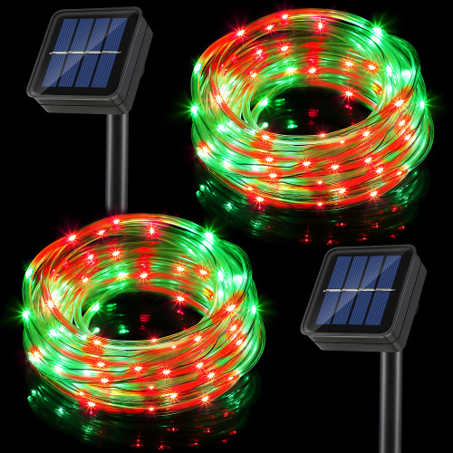 Meonum Solar Christmas Rope Lights Outdoor, 33 ft 100 LED 8 Modes Solar String Lights, Solar Powered Waterproof Tube Lights for Christmas Tree Garden Fence Yard Party Outdoor (Red, Green,2 Pack)