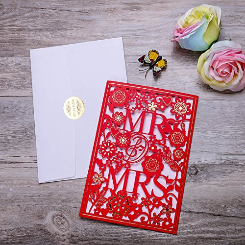 20PCS Laser Cut Bronzing Wedding Baby Shower Invitation Cards with Flower Hollow Favors Invitation Cardstock for Engagement Birthday Graduation (MR AND MRS)