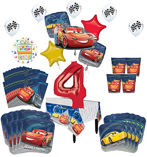 Disney Cars 4th Birthday Party Supplies 8 Guest Kit and Balloon Bouquet Decorations