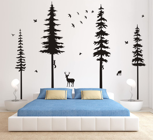 Pine Tree Wall Decals Woodland Vinyl Wall Sticker Forest Wall Decals with Animal Wall Stickers Squirrels Deers Wall Stickers for Kids Nursery Children Room Living Room Wall Decoration (Black)