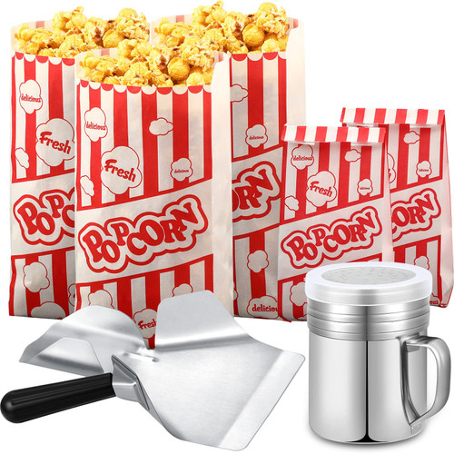 202 Pcs Popcorn Machine Supplies Set, Kernel Sifting Speed Scoop, Stainless Steel Seasoning Dredge with Handle, 200 Pcs Popcorn Bags Bundle for Home Kitchen Theater Movie Tools Supplies (1Oz & 2Oz)
