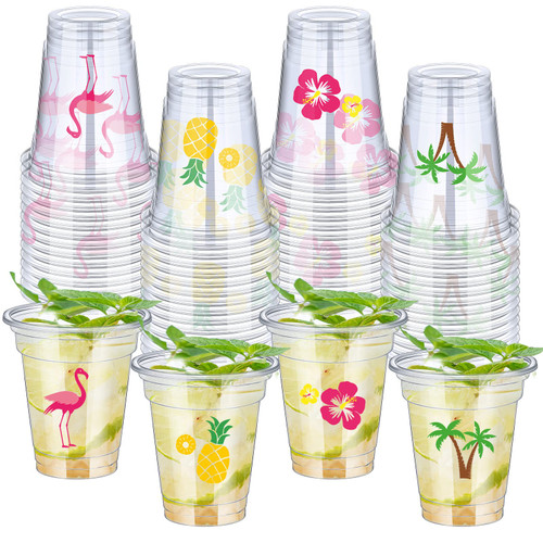 100 Pack 12 oz Clear Disposable Luau Cups Hawaiian Flamingo Disposable Plastic Cups Pineapple Tropical Cups for Party Luau and Tiki Party Supplies for Birthday Bachelorette Drinkware Decorations