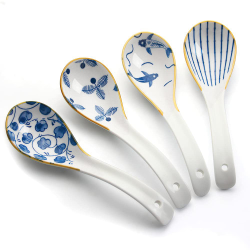 Soup Spoons, Asian Ceramic Soup Spoons, 6.2 inch Chinese Rice Spoons, Japanese Wonton Soup Spoon for Cereal Stews Ramen Pho Wonton Dumpling Miso, 4 pcs