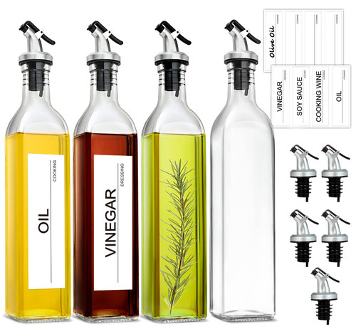 GMISUN Olive Oil Dispenser Bottle, Oil Dispenser Bottle for Kitchen, Cooking Oil and Vinegar Dispenser Set 4Pack, Glass Oil Container Cruet-Oil Pourer Spout, Funnel & Labels, Clear for Oil, Vinegar