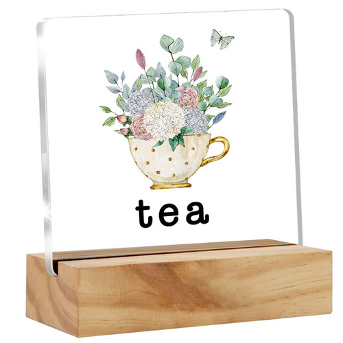 Rustic Tea Desk Decor Acrylic Desk Sign Funny Tea Lovers Acrylic Plaque Home Office Kitchen Desk Shelf Decoration Gift 4.7"x4.7"