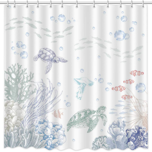 AIBIIN Ocean Themed Bathroom Curtain Underwater Marine Sea Turtle Coral Bath Curtain Ocean Animal Jellyfish Waterproof Shower Curtains Sets with 12 Hooks,72x72 Inch