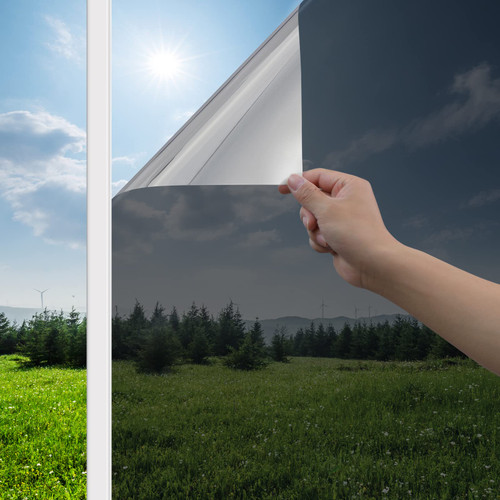 Haton One Way Window Privacy Film Window Tinting Film for Home Office Sun Blocking Heat Control Anti UV Window Tint,Static Cling Reflective Mirror Film Non-Adhesive, Black Silver,35.4 x 78.7 Inches