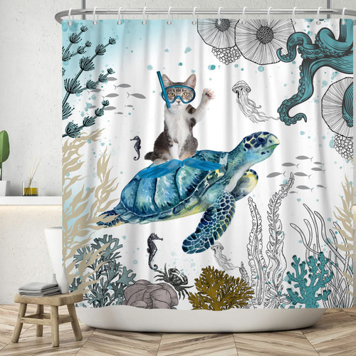 Funny Cat with Sea Turtle Shower Curtain for Kids Bathroom Decor Tropical Fish Shower Curtain Ocean Corals Waterproof Polyester Fabric Bathroom Curtain with Hooks 72"x72"