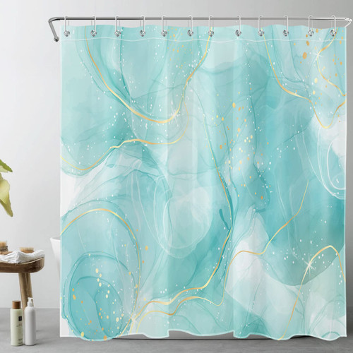 HVEST Modern Marble Shower Curtain, Teal and Gold Luxurious Marble Bathroom Curtain with Hooks, Abstract Art Bath Curtain Polyester Fabric Bath Decor Accessories, 72x72 Inches