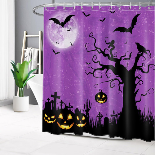 HVEST Purple Halloween Shower Curtain, Scare Pumpkins and Dead Tree with Black Crow Bat Shower Curtain with Hooks, Spooky Night Moon Shower Curtain Polyester Fabric Bathroom Accessories, 72X72 Inches