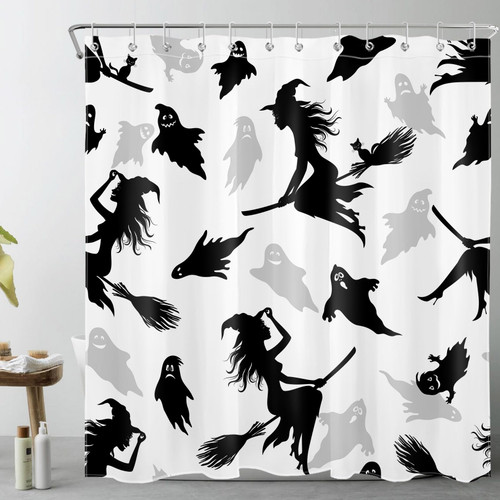 LB Black and White Halloween Shower Curtain Witch and Cat on Broom Horror Spooky Shower Curtain Set Gothic Ghost Shower Curtains for Bathroom Waterproof Washable Fabric with Hooks,72x72 inch