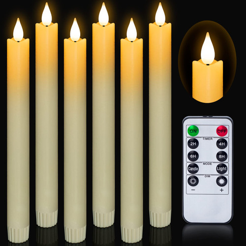 Yongmao Flameless Taper Candles Flickering Battery Operated with Remote, Real Wax LED Window Candles Fake Electric Candles 3D Wick Warm Light Pack of 6 for Christmas Home Wedding Decor (Ivory)