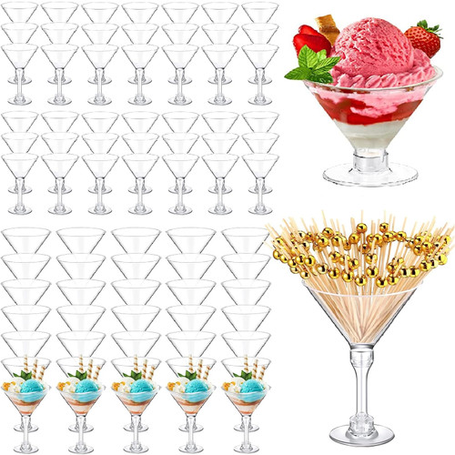 Roshtia 75 Sets Plastic Martini Glasses with Cocktail Picks 5oz Tall Plastic Martini Cups Disposable Cocktail Glasses Clear Mini Dessert Glasses for Wine Champagne Dessert Appetizer Party Supplies