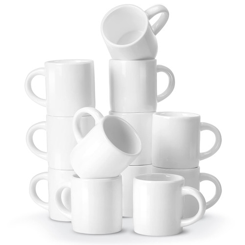 Roshtia 12 Pieces 3 oz Espresso Mugs Espresso Cups Mini Coffee Mugs with Handles Porcelain Coffee Cups Ceramic Smooth Demitasse for Espresso Tea Drinks Cocoa Milk Water (White)