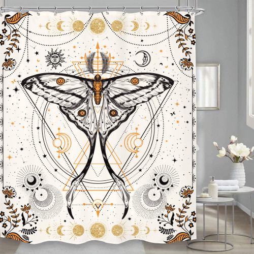 LGhtyro Black White Moth Shower Curtain Bathroom Set 60Wx71H Inches Moon Phase Butterfly Gothic Black Moonlit Tarot Sun Stars Starry Sky Floral Bath Accessories Art Home Decor Fabric 12 Pack Hooks