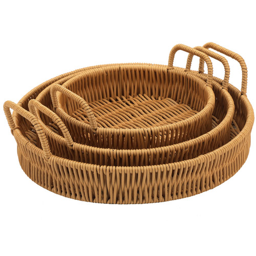 3 Pcs Rattan Serving Tray with Handles, Woven Wicker Tray Round Shallow Rattan Basket, Poly Wicker Basket Tray, Decorative Rattan Fruit Tray Cracker Boho Tray Decor for Serving Bread, Vegetable, Snack 3 Pcs Rattan Serving Tray with Handles, Woven Wicker Tray Round Shallow Rattan Basket, Poly Wicker Basket Tray, Decorative Rattan Fruit Tray Cracker Boho Tray Decor for Serving Bread, Vegetable, Snack