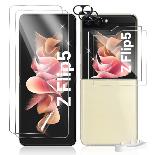 TQLGY 6 in 1 for Samsung Galaxy Z Flip 5 Screen Protector, 2 Pack Inside Flexible TPU Film, 2 Pack Back Tempered Glass Screen Protector and 2 Pack Camera Lens Protector, HD Clear, Case Friendly TQLGY 6 in 1 for Samsung Galaxy Z Flip 5 Screen Protector, 2 Pack Inside Flexible TPU Film, 2 Pack Back Tempered Glass Screen Protector and 2 Pack Camera Lens Protector, HD Clear, Case Friendly