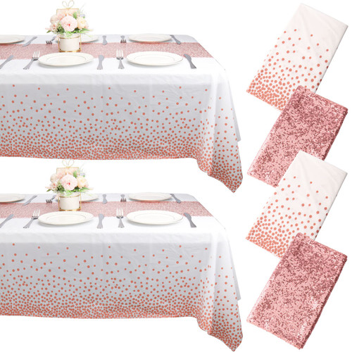 2 Packs Sequin Table Runner and 2 Packs Tablecloth, 12 x108 Inch Rose Gold Table Runner, 54 x108 Inch Rectangle Disposable Plastic Table Cloths Table Cover for Party Birthday Wedding Table Decorations