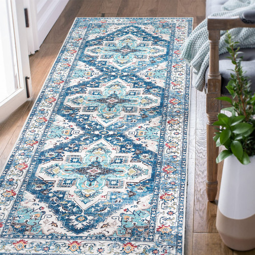 jinchan Area Rug 2x5 Runner Rug Hallway Rug Navy Blue Thin Rug Chenille Floral Print Accent Rug Retro Indoor Non Slip Carpet Kitchen Living Room Bedroom Dining Room