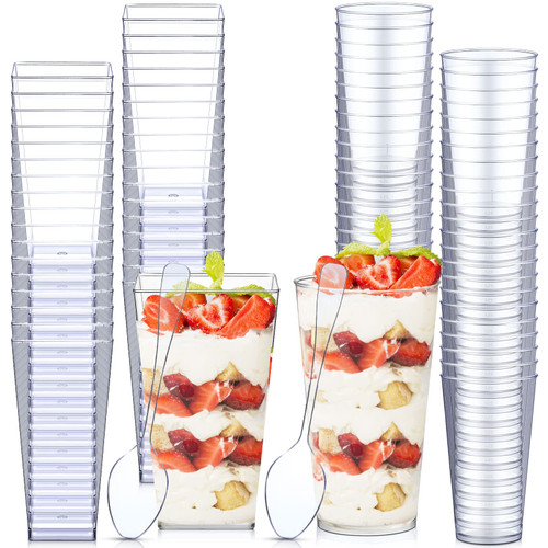 200 Set 3 oz Mini Dessert Cups with Spoons Clear Plastic Parfait Appetizer Cup Round and Square Parfait Cups Disposable Shooter Cups Small Mousse Cups for Tasting Party Trifle Dessert Pudding, 2 Style