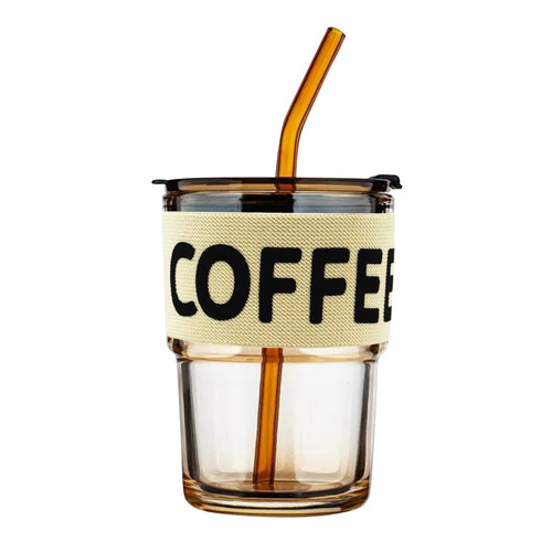 Birugen Glass Tumbler With Straw And Lid,Glass Iced Coffee Cups With Lids And Straw,Glass Coffee Mug Travel,Clear Glass Water Bottle With Straw,Reusable Straw Cup,Iced Coffee Tumbler,13oz,Amber