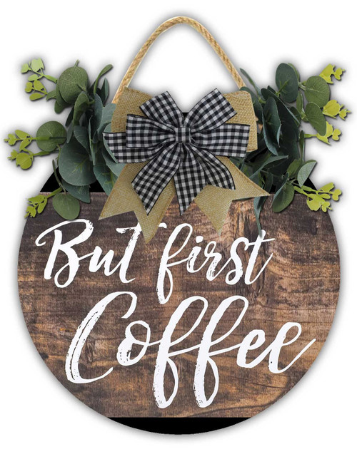 Sokomurg But First Coffee Sign,Rustic Round Wooden Sign,Farmhouse Front Door Front Porch Decor,New Home Housewarming Gift For All Seasons