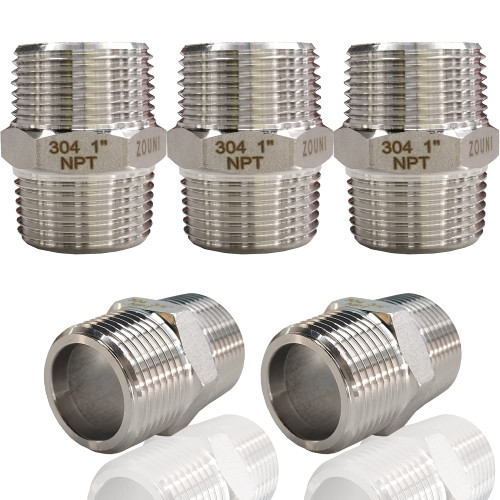 ZOUNI 5PCS Hex Nipple 1" Male x 1" Male Pipe Fittings, NPT 1 inch Male Threaded Pipe Adapter Fittings Equal Nipples Connectors,304 Stainless Steel Male Straight Connector Pipe Fitting