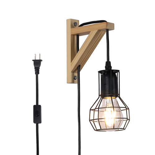 Modern Industrial Plug in Cord Cage Wall Lamp Lift Pipe - Black Wood Retro Rustic Pendant Lamp Adjustable Hanging Wall Mount Light Fixture - Indoor Wall Sconces Decoration for Living Room Kid Bedroom