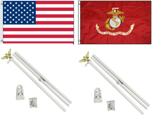 3'x5' US AMERICAN and USMC MARINES Polyester FlagS and TWO 6' POLE KITS
