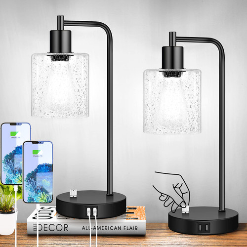 Set of 2 Fully Stepless Dimmable Industrial Table Lamps with 2 USB Ports & AC Outlet, Bedside Nightstand Desk Lamps with Seeded Glass Shades for Bedroom Dorm Living Room, 2 7W 5000K LED Bulbs Included Set of 2 Fully Stepless Dimmable Industrial Table Lamps with 2 USB Ports & AC Outlet, Bedside Nightstand Desk Lamps with Seeded Glass Shades for Bedroom Dorm Living Room, 2 7W 5000K LED Bulbs Included