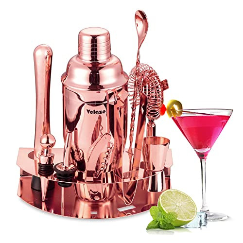 Velaze Cocktail Shaker Set,10 Pieces Stainless Steel Bar Tools - Bottle Opener, Pour Spouts,Measuring Jigger and Wine Stopper, Champagne Martini Shaker Sets (Rose Gold)