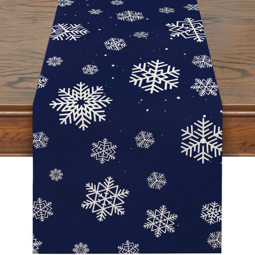 Winter Table Runner, Christmas Table Runner Navy Blue Snowflakes Winter Table Decorations for Indoor Outdoor Holiday Party Dining Table Decor (13" x 72")